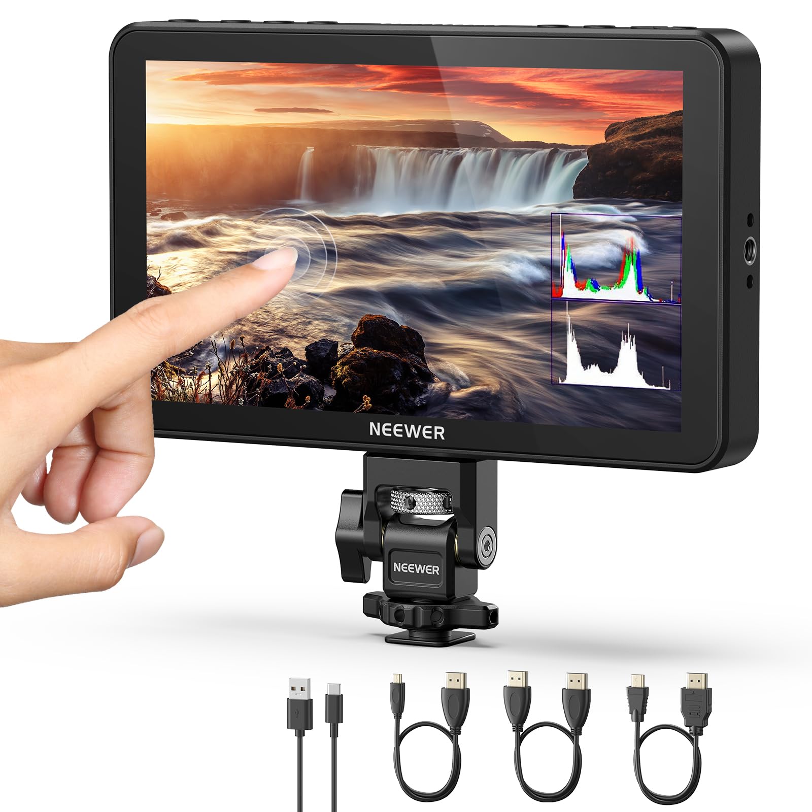 NEEWER F600 7インチ カメラフィールドモニター 2400nit HD 1920x1080 IPSタッチスクリーン ビデオモニター 3D LUT対応 4K HDMI入出力 ループスルー機能/ピーキングフォーカス/DSLRビデオアシスト/HDR/波|湖南オンライン
