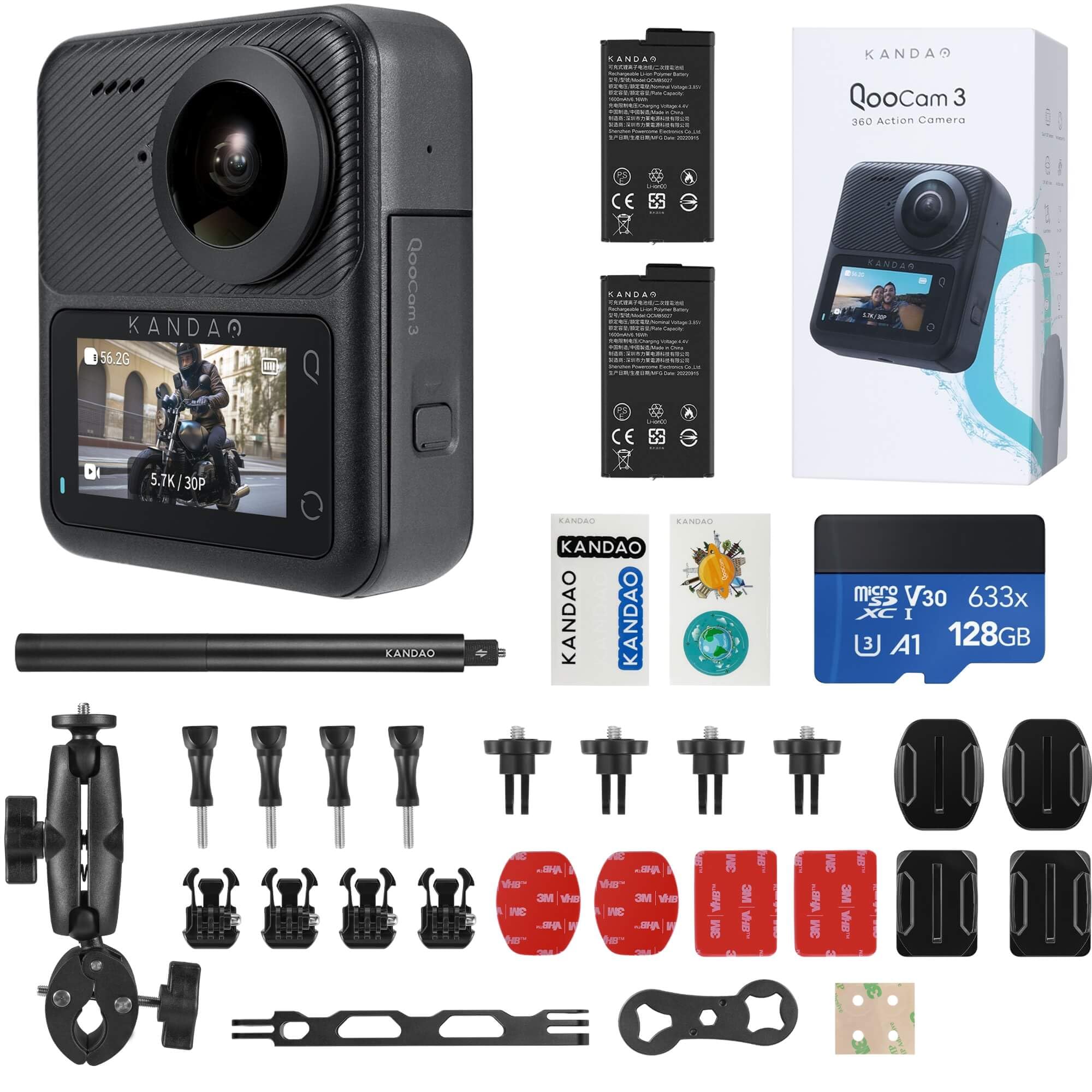KanDao Qoocam 3 アクションカメラ 5.7K 62MP 360度スポーツカメラ バイクマウント付き デュアル1/1.55"センサー 60fps ビデオカメラ 手ブレ補正 360度水平維持 WiFi搭載 タイムラプス夜間撮影 自撮り棒付き 12｜湖南オンライン