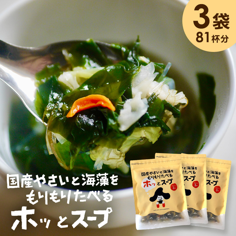 [3袋セット] スープ 国産やさいと海藻をもりもり食べるホッ。とスープ 大袋 165g×3袋 わかめ 昆布 春雨 キャベツ にんじん 野菜香味だし 洋風スープ 即席スープの素 インスタント　たっぷり約27杯分 お得
