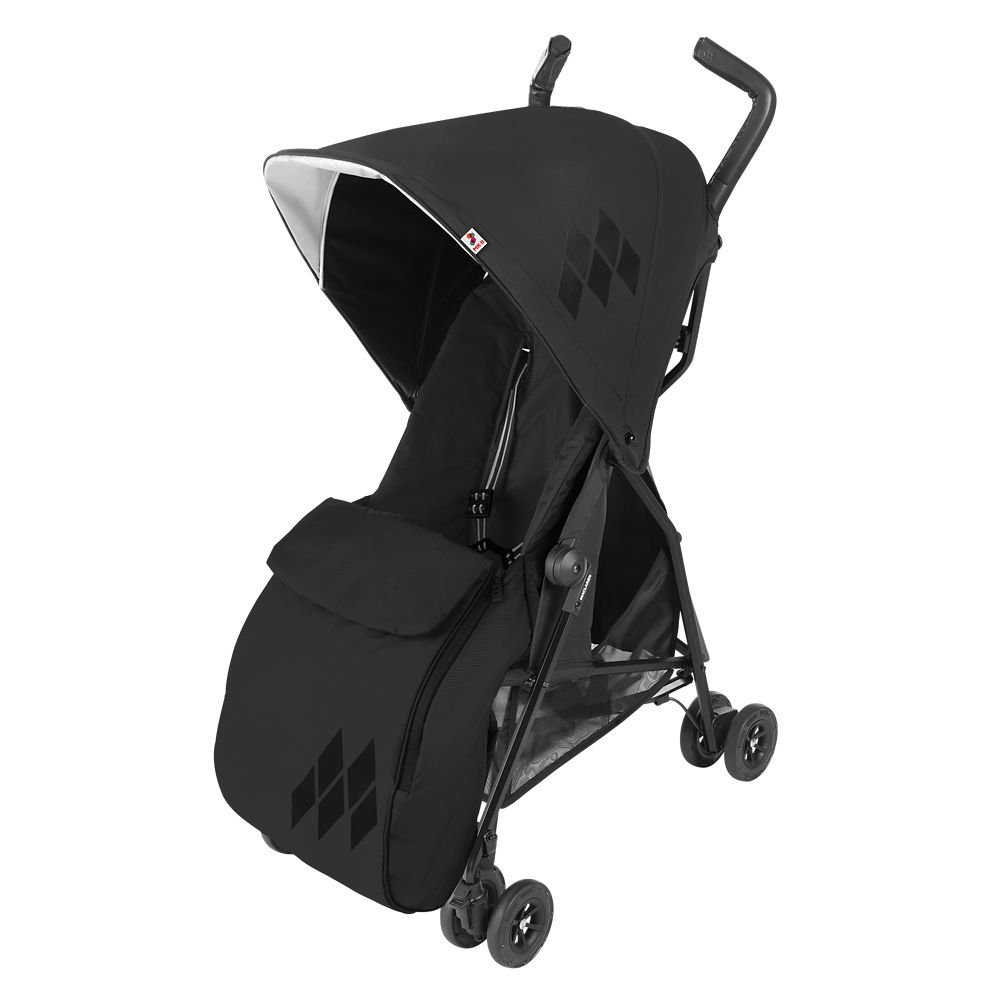 black stroller with footmuff