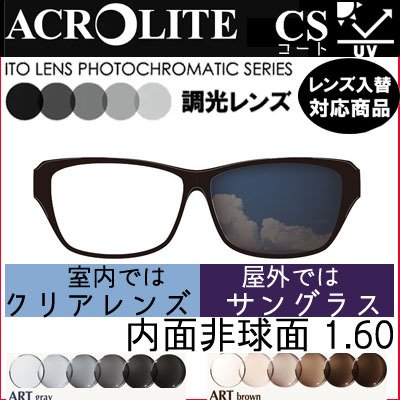 ガチャを引くとさらにお得！調光 レンズ アクロライト アート 160 （２枚）単品販売 レンズ交換可能 イトー 内面非球面 レンズ 1.60 UVカット機能付 度付きレンズ｜こん太村