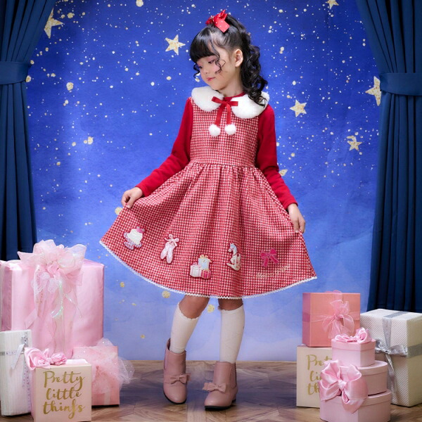 mezzo piano メゾピアノ 千鳥ジャガード カットワンピース ティペットつき 長袖 90 100 110 120 130 140cm クリスマス レッド アカ キッズ