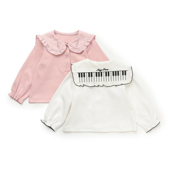 mezzo piano メゾピアノ ピアノ刺しゅう衿 長袖Tシャツ 80 90 100cm 音符 オフホワイト ライトピンク キッズ 入園・入学 卒業 結婚式 発表会