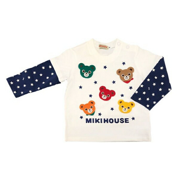 即納可能商品 MIKI HOUSE 正規取扱店 ミキハウス カラフルくまワッペン＆星柄長袖Tシャツ 80 90cm ベビー キッズ