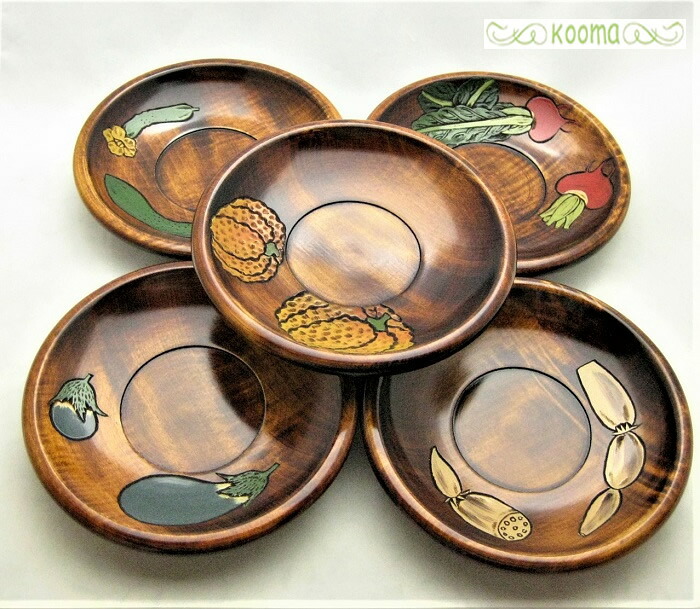 讃岐彫り 手作り茶托【讃岐彫り絵変わり野菜15cm茶托揃】日本製茶托 手作り 漆塗り 天然素材 絵変わり野菜柄 伝統工芸品|こーま 支店