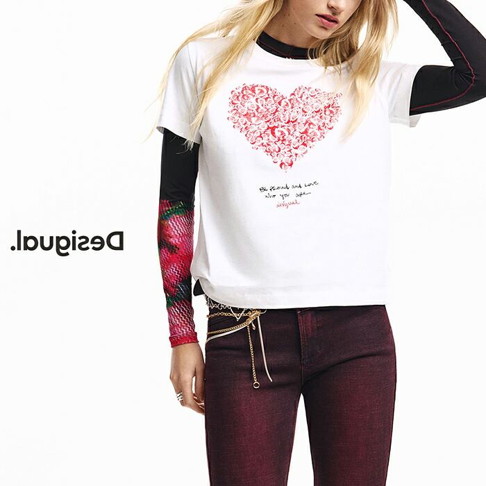 Tシャツ レディース Desigual デシグアル ハートプリント 半袖 カットソー Tシャツ コットン100％ カジュアル インポート 大人可愛い 30代 40代 50代 M L XL ホワイト