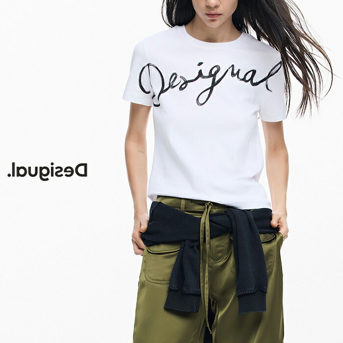Desigual デシグアル ロゴ Tシャツ レディース 半袖 綿混 クルーネック カジュアル インポート 30代 40代 50代 M L XL ホワイト