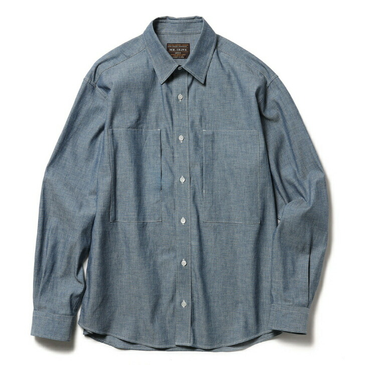 MR.OLIVE / 5薬局衡オンス VINTAGE CHAMBRAY / UTILITY WORK SHIRT檀那オリーブ/ヴィンテージ シャンブレー / ありがた味 細工物プルオーバーMROLIVE 衣嚢 レギュラーレギュラーシャツ 標準尺度プルオーバー ミリタリー 細工物 ユニ一発やる