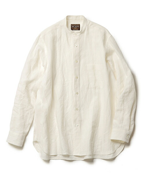 MR.OLIVE / FRENCH LINEN CLOTH / BAND COLLAR L/S SHIRT 檀那オリーブ/フレンチリネンクロス/ダンス楽隊色合い ロングスリーブシャツMROLIVE 衣嚢 否色合い レギュラープルオーバー 標準尺度プルオーバー ミリタリー 細工物 ユニ一発やる