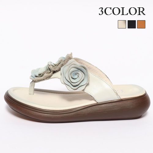 3色相本革トングサンダル 厚底 レディース 華 シューズ トング サンダル 花飾り シューズ 本革 レディース 厚底 サンダル 夏季 サンダル 本革 トングサンダル 厚底シューズ レディース 本革 厚底サンダル 花飾り トング シューズ オープントゥ 茶色 サンダル 花 Voce