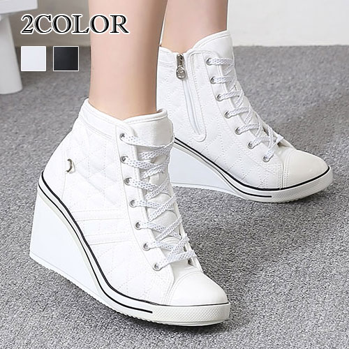 楽天市場 2色背伸びスニーカー レディース シューズ ウェッジヒール スニーカー レースアップ シューズ ウエッジ レディース スニーカー ジップアップ ヒールシューズ ウエッジソール スニーカー ホワイト ヒールスニーカー ハイカット 靴 ウエッジ スニーカー