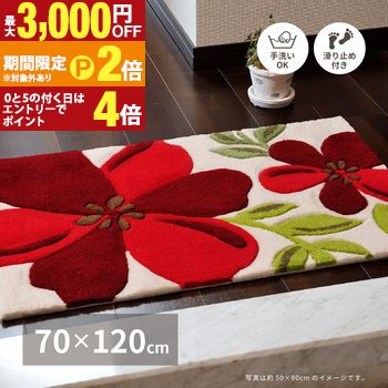 【最大3,000円OFFクーポン有・定最大PT2倍/18~20日限定】 玄関マット 約70×120cm アベル 洗える 滑り止め 花柄 フラワー 室内 屋内 エントランスマット フラワー柄 立体感のある 花模様 手洗いOK ホットカーペット 床暖房OK