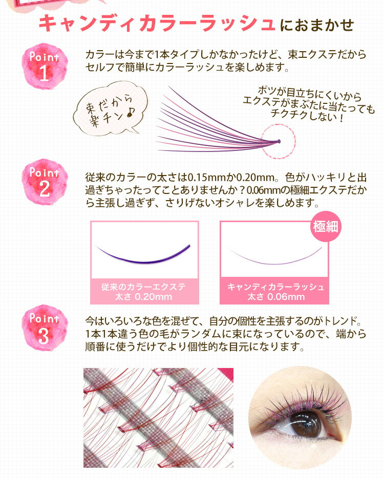 楽天市場 まつげエクステ キャンディカラーラッシュ 3列 0 06mm 4本束 10本束 約90束入 メール便可 マツエク Korie