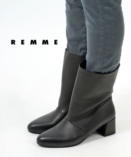 【マラソン期間中ポイント10倍】レメ REMME ブーツ ショートブーツ レザーブーツ 靴 レディース シンプル レザー 革 大人カジュアル 上品 大人 黒 チャンキーヒール 秋 冬・ZH-KAR100-S-0242302(レディース)(C-1)
