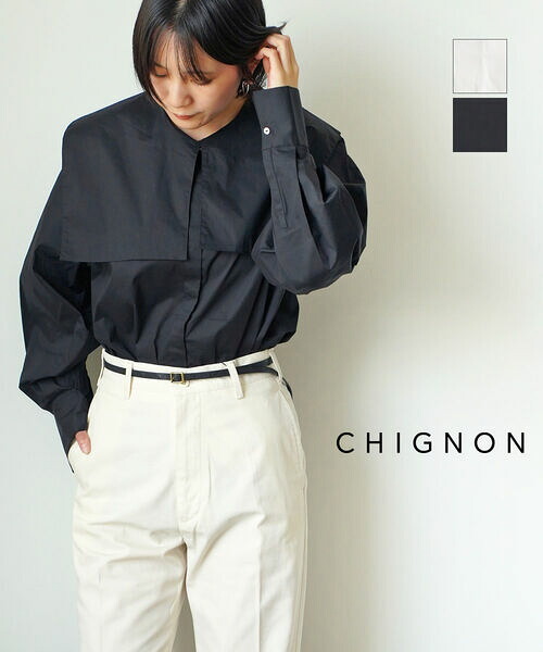 【ポイント2倍】シニヨン CHIGNON シャツ ブラウス トップス ケープブラウス 長袖 袖ボリューム ビッグ襟 ビッグカラー オーバーサイズ レイヤード風 大人・1144-061PT-5092402(レディース)