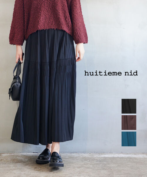 ユイティーム huitieme nid プリーツスカート スカート ロング ティアードスカート ロングスカート プリーツ ウエストゴム 楽ちん ゆったり フェミニン ブラック ブルー レッド・603683-0452402(レディース)