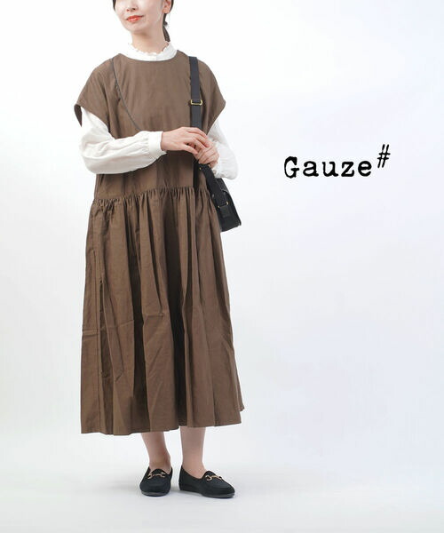 ガーゼ Gauze# リネンフリルカラー パフスリーブワンピース ベージュ 10270420-s-01.jpg
