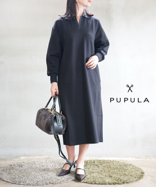 【百貨店大売り出し継続期間尖んがり10倍】ププラ PUPULA 衣装 長袖 好いたらしいめ ロング マキシ丈 膝下 プルオーバー衿 窈窕たる 分かりやすい・359058-0142502(レディース)