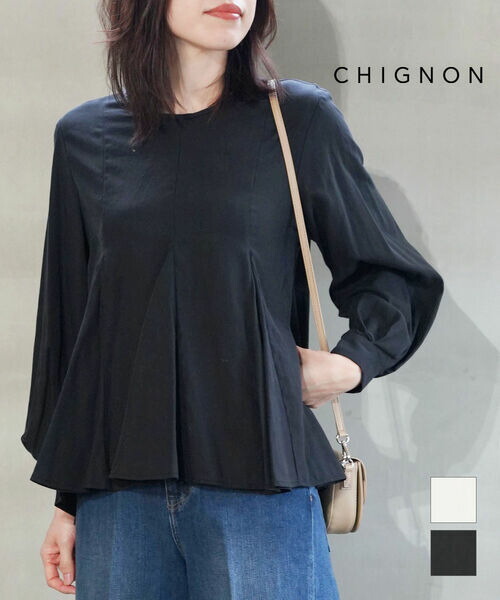 【30%OFF】【2026年春夏新作】シニヨン CHIGNON ブラウス トップス シャツ 長袖 フレア Aライン ノーカラー 襟なし 無地 おしゃれ 大人可愛い きれいめ オフィス・1856-411KK-5092601(レディース)｜小三郎商店