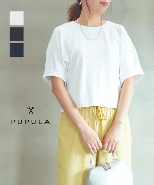 【マラソン期間中ポイント10倍】ププラ PUPULA カットソー Tシャツ トップス 半袖 五分袖 クルーネック 袖ボリューム ショート丈 おしゃれ 上品 きれいめ・157030-0142501(レディース)|小三郎商店