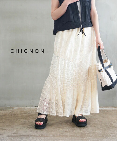 【30%OFF】シニヨン CHIGNON ロングスカート ロング レーススカート マキシ丈 レース ティアード フレア ウエストゴム きれいめ おしゃれ かわいい・2652-207BZ-5092501(レディース)｜小三郎商店