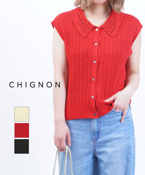 【30%OFF】シニヨン CHIGNON 半袖 ニット トップス ポロニット サマーニット ポロ衿 襟付き かわいい 大人 おしゃれ・9552-234DP-5092501(レディース)｜小三郎商店