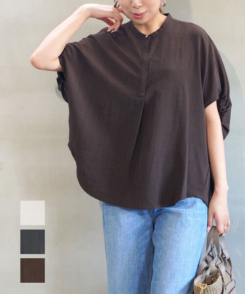 【30%OFF】イノウェーブ innowave ブラウス シャツ トップス ゆったり 体型カバー 二の腕カバー 半袖 無地 きれいめ オフィス カジュアル 通勤・B-8557303-0482501(レディース)｜小三郎商店