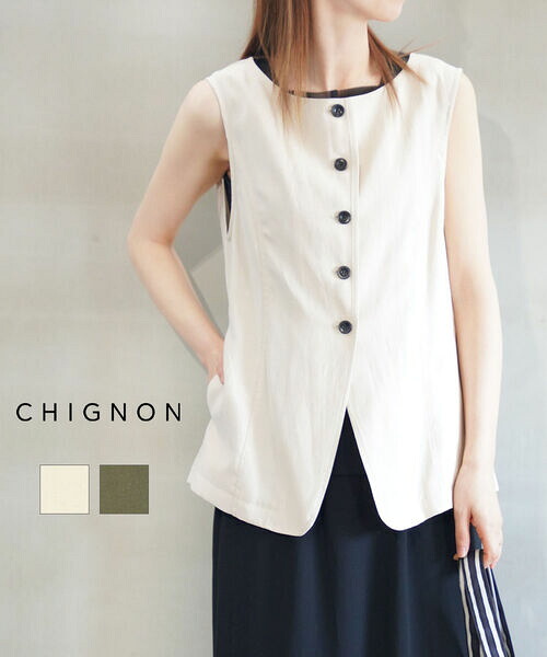 シニヨン CHIGNON ジレ より良い トップス 羽織り 袖なし 前食い違い 麻混 花の冠yd 重ね着 雅びやか 着回し・4262-302KK-5092601(レディース)