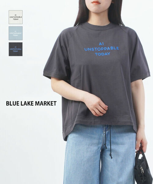 【百貨店大売り出し継続期間尖んがり10倍】ブルーレイクマーケット BLUE LAKE MARKET プルオーバー ロゴタイプT カットソー トップス 半袖 ラグラン捩り・B-521020-3562601(レディース)
