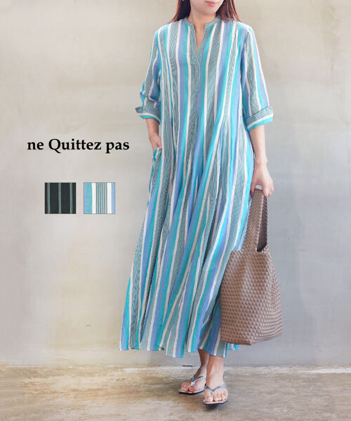 ヌキテパ ne Quittez pas ワンピース ロング ロングワンピース ドレス ストライプ 長袖 七分袖 ゆったり 体型カバー 綿 コットン・010462PA3-4162602(レディース)｜小三郎商店