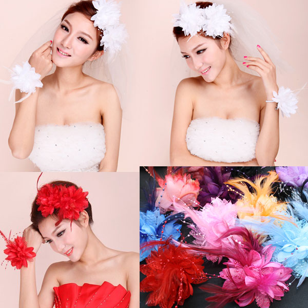 INDRESS フェザーコサージュ＆ヘッドドレス 華やかコサージュ【レッド 赤】 羽根 コサージュ フェザー