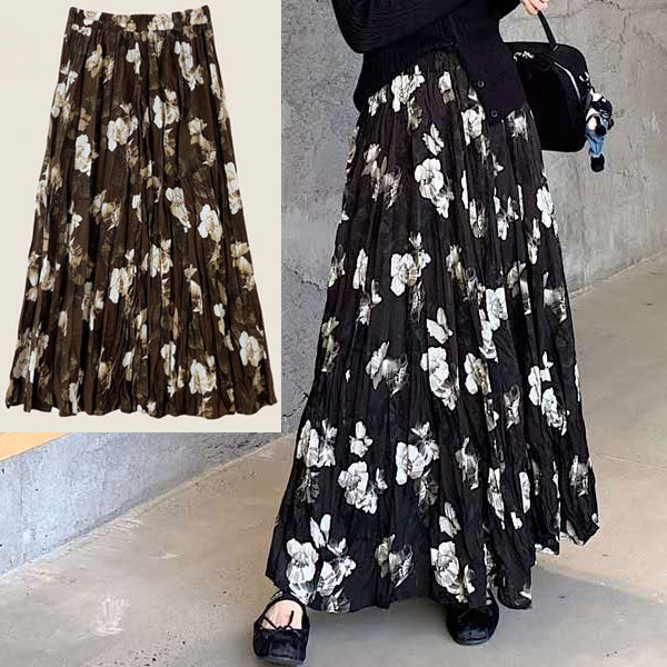 牡丹の花と蝶々のロングプリーツスカート