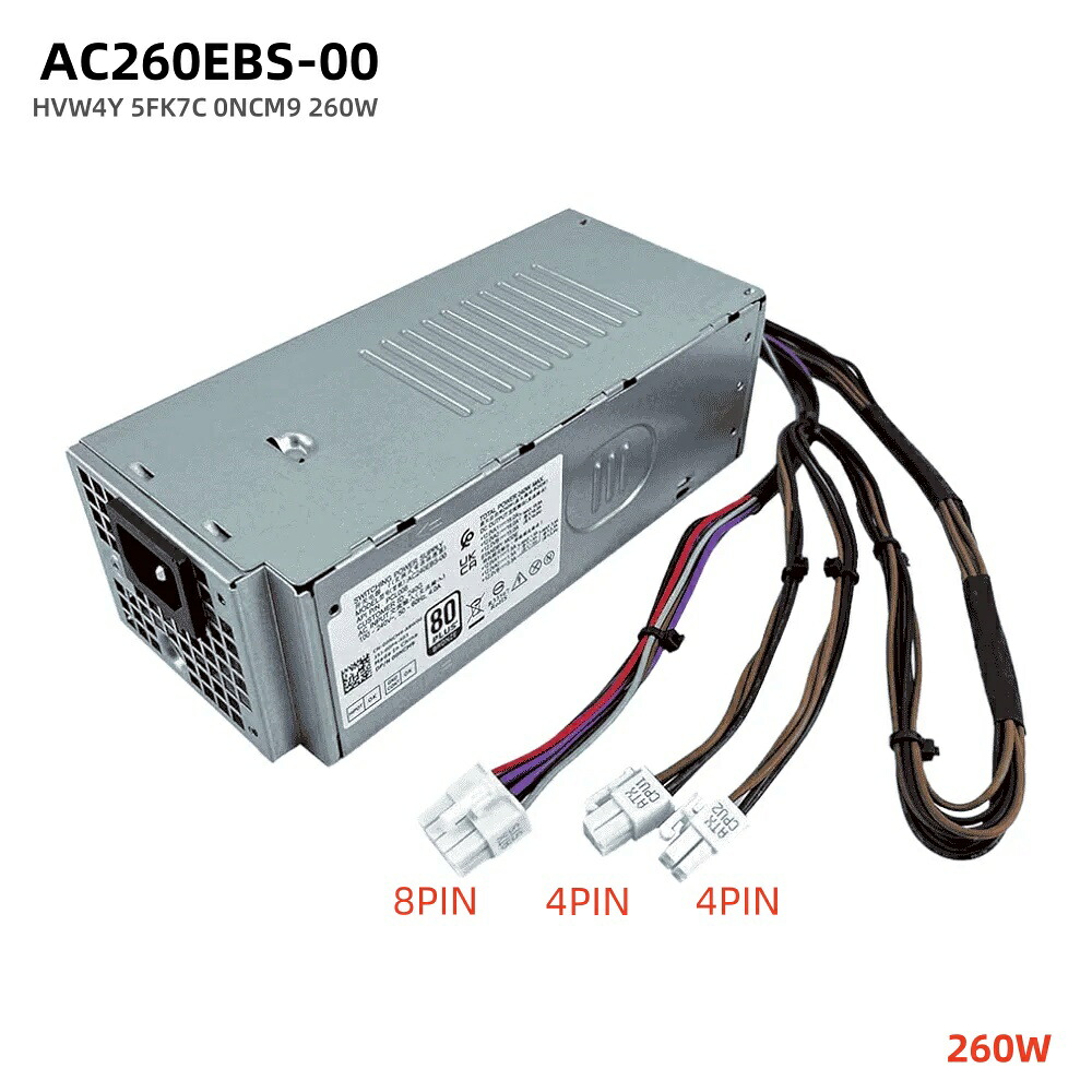 新品 DELL 純正 260W 電源ユニット H260EBS-00/AC260EBS-00/L260EBS-00 D260E-005P HVW4Y 5FK7C 0NCM9 Dell OptiPlex 3000 3900 3901 3910 3710 3660 5000 7000 MT Vostro 3690 Dell XPS 8950 XPS 7000 XPS 5000 対応 8pin+4pin+4pin デスクトップ 電源装置