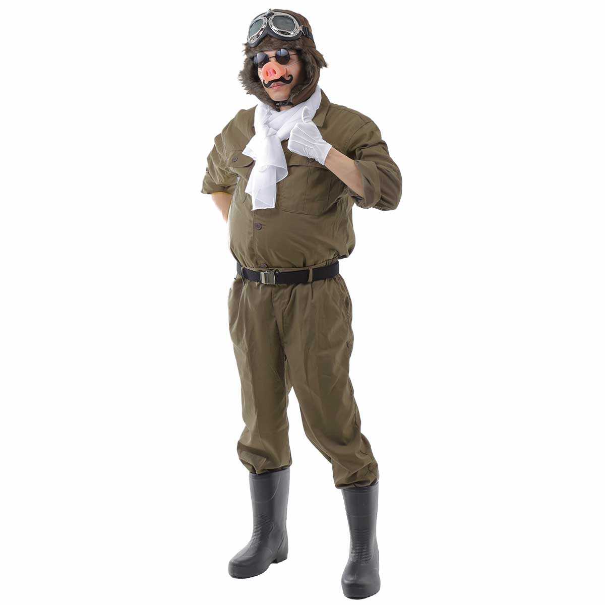 【紅の7点フルセット】紅の豚 パイロット コスプレ グッズ ハロウィン ポルコロッソ マルコ ブタ 飛行士 衣装 おもしろ 面白い 仮装 つなぎ カバーオール 鼻 髭 帽子 ゴーグル マフラー セット 余興 忘年会 新年会 送別会 歓迎会 仮装大会 本格的