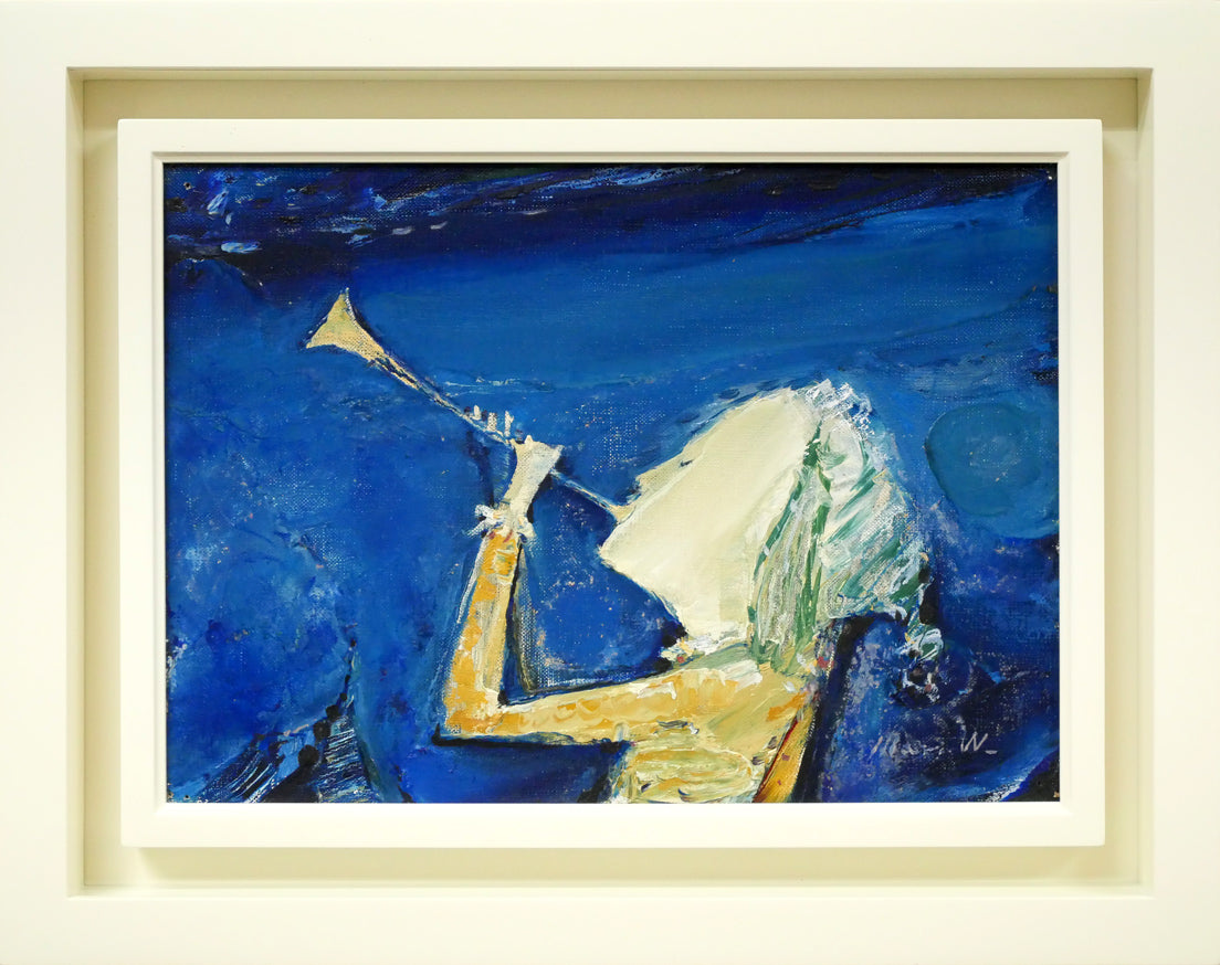 渡辺　眞利（渡邊）「笛ふく少年」油絵・F4号　国画会会員　全道展会員　千葉県美術会常任理事　函館出身　小竹美術　真作保証