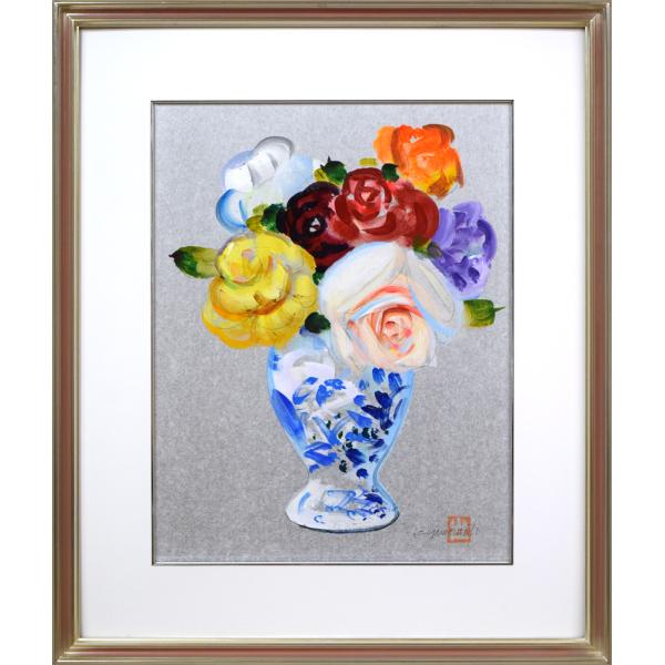 山本　仁吉「バラ」油絵・色紙6号 友美会代表 美術年鑑、美術名典掲載 百貨店個展 花の絵 状態良好 小竹美術 真作保証
