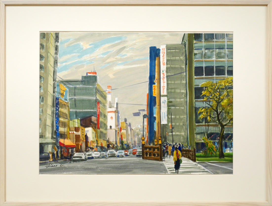 白江 正夫「札幌-創成橋付近」水彩画・10号 日本水彩画会会員 道展会員 市立小樽美術館で遺作展・作品収蔵 小竹美術 真作保証|小竹美術店