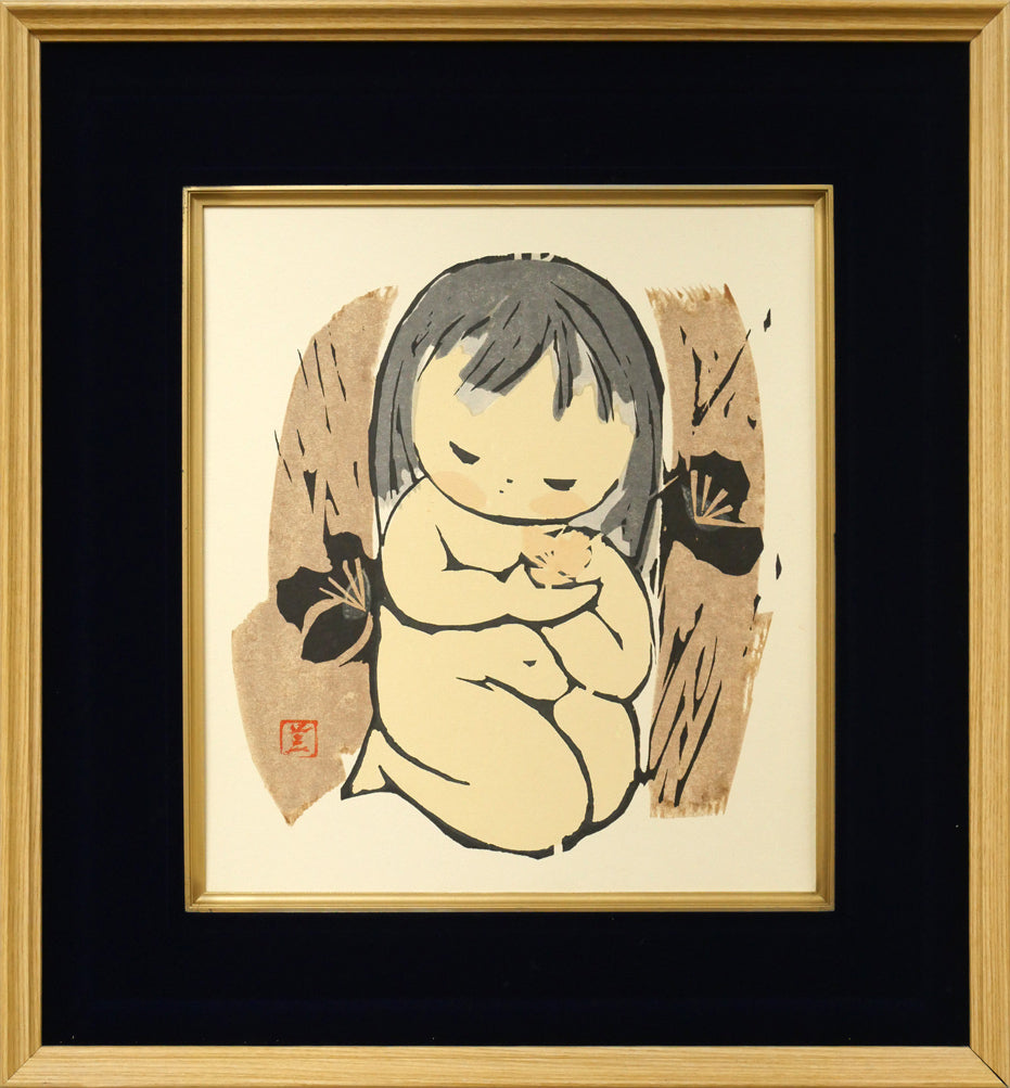 河野　薫「梅（少女）」木版画　国画会会員　日本版画協会会員　アメリカでも活躍　小樽美術館収蔵作家　小竹美術　真作保証