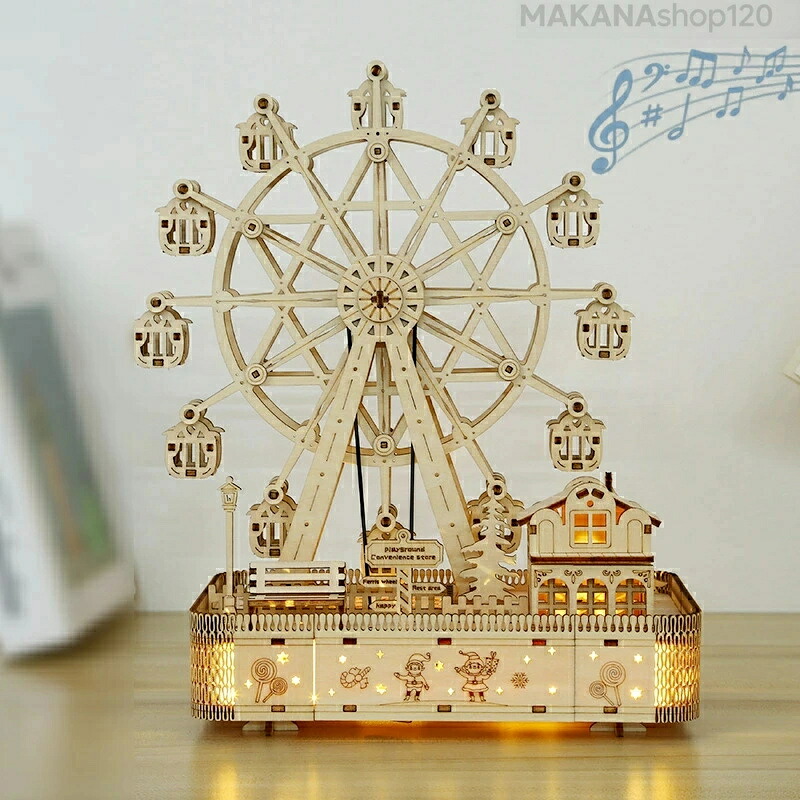 【2025新登場】立体 パズル 観覧車 木製 パズル 3D ウッドパズル 組み立て LED おもちゃ DIY 新年 ギフト 誕生日プレゼント オルゴール付き 手作りキット 遊園地 脳トレ オルゴール 自動再生 音楽 誕生日 ハロウィン クリスマス プレゼント