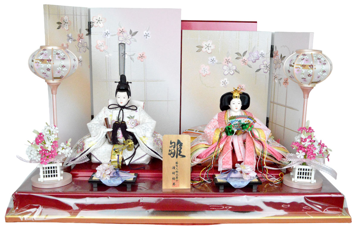 【ひな人形】京小十番親王 平飾り 【北寿】青波に桜-光姫 人形師：清村好英 上品なお顔に綺麗な京刺繍を入れた衣装のおひな様 ※サービス品付き