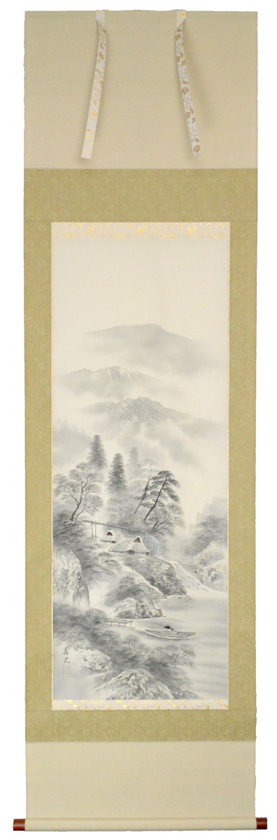 見事‼︎ 平野 翠雪 筆 彩色山水 掛け軸 掛軸 肉筆 共箱 タトウ箱 尺八立 見事‼︎ 平野 翠雪 筆 彩色山水 掛け軸 掛軸 肉筆 共箱 タトウ箱