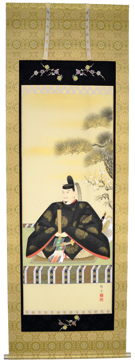 【天神様】 天神様 掛け軸尺八立『菅原道真公』北条 静香（ほうじょう しずか）画伯※御陵金襴・本丸表装　TB-115※中廻し：刺繍スワロフスキー付き※風鎮・矢筈付き｜人形工房　北寿