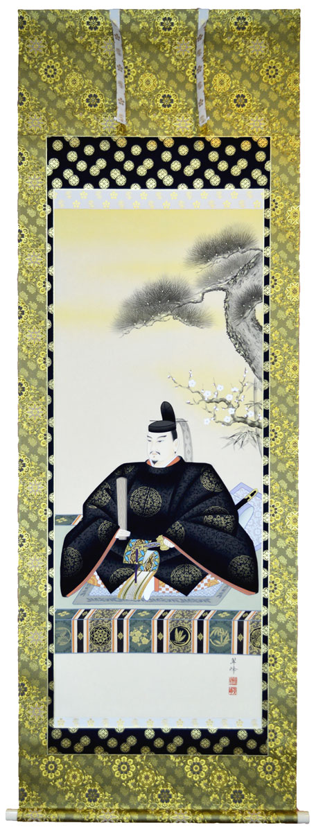 【天神様】 天神様 掛け軸<br>尺八立『菅原道真公』<br>田島 翆峰（たじま すいほう）画伯<br>本金襴・本丸表装<br>※風鎮・矢筈付き