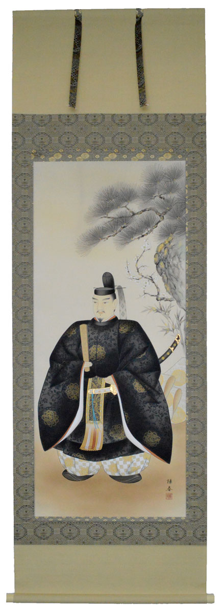 【天神様】 天神様 掛け軸尺八立『菅原道真公』立ち姿丹羽 陽春（にわ ようしゅん）芸術家上緞子・三段表装※分銅付き添い人 その他-日本人形・フランス人形