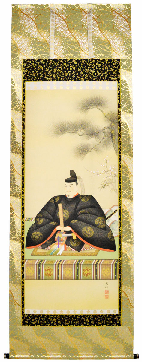 【天神様】 天神様 掛け軸 尺八立『菅原道真公』 織部 竹峰（おりべ ちくほう）画伯 ※京金襴・本丸表装　TF-114 ※風鎮・矢筈付き