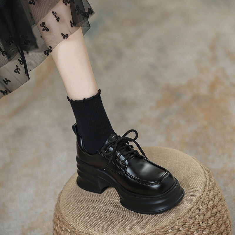 厚底 8cm ローファー レディース 厚底 ローファー パンプス レースアップ シューズ ボリューム ソール 大人 痛くない 歩きやすい エナメル 太ヒール 学生 通勤 通学 ブラック ホワイト 靴