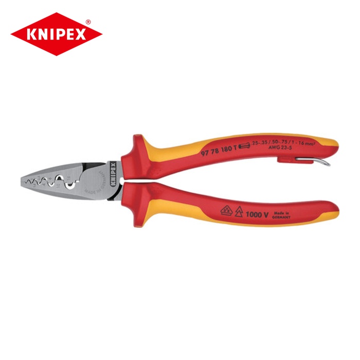 KNIPEX クニペックス 9778-180TBK エンドスリーブ用絶縁圧着ペンチ 1000V絶縁 落下防止 (1丁)