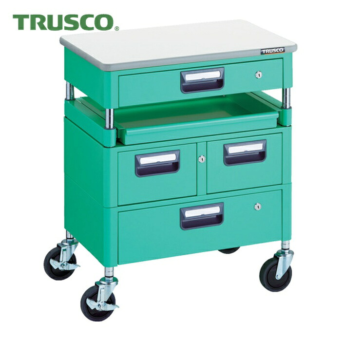 トラスコ TRUSCO ツールワゴン フェニックスワゴン 省音 600X400 H740 引出付 スライド1段 天板付 ヤンググリーン (1台) PEW-760M1VWZT-YG|工具ランドこだわり館