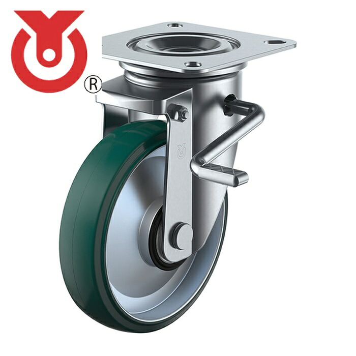 ユーエイ PMS-150UWBLBRINJ-E46 プレート式 自在 キャスター ウレタン 車輪径150mm ストッパー付き PMタイプ PMS-LB型(E46)(R) 取付寸法94×94(87×87) (1個)