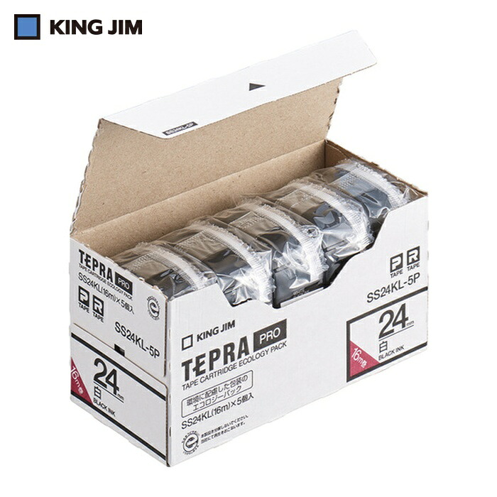 キングジム (純正)「テプラ」PROテープ 24mm エコパック(5 個入)/白ラベル/黒文字 ロングテープ 長さ16m (1Pk) SS24KL-5P
